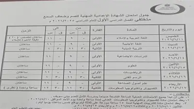 جداول امتحانات نهاية العام 2026 في بني سويف تبدأ 16 مايو