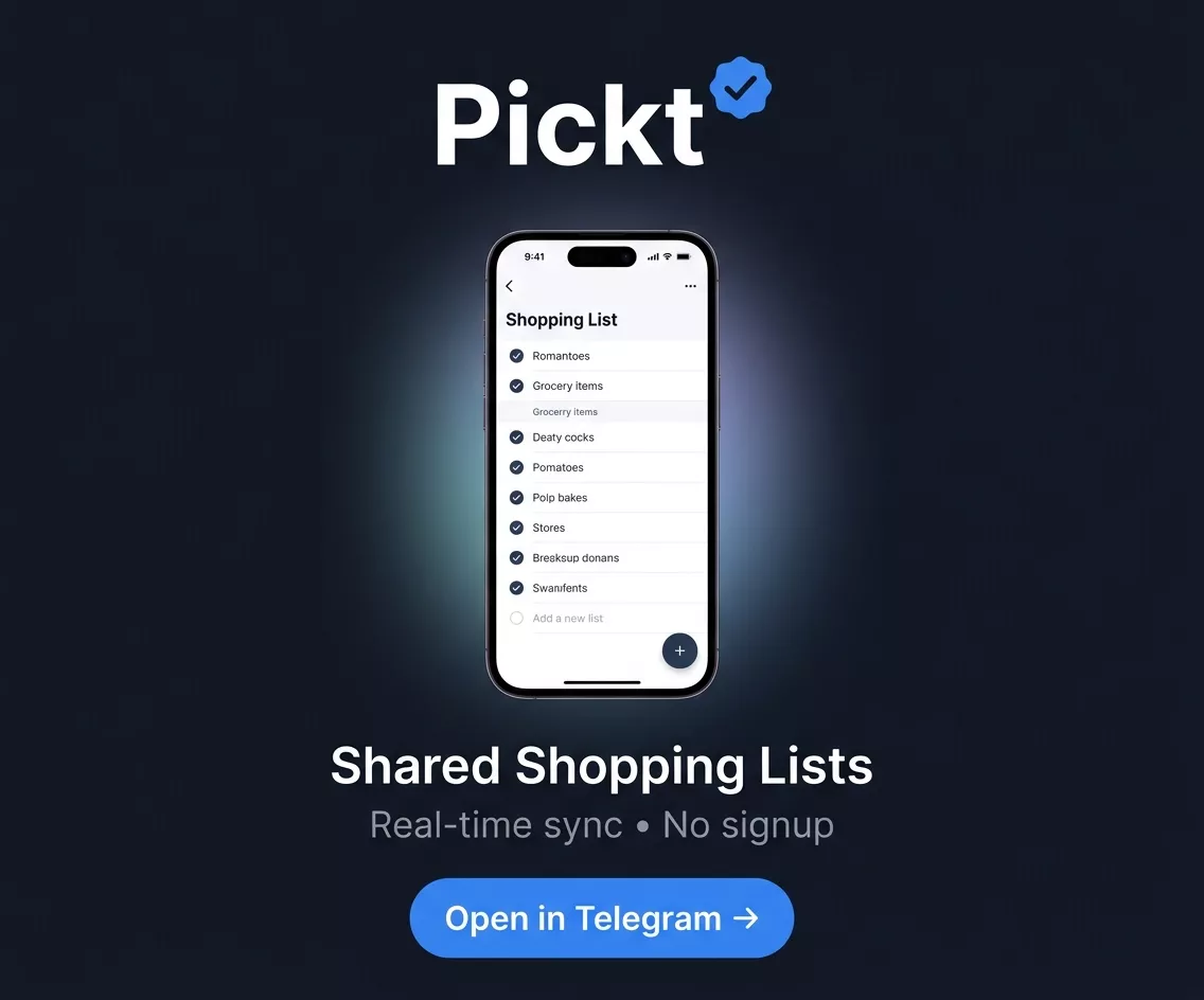 بانر تطبيق Pickt — قوائم تسوّق مشتركة للعائلات والأزواج عبر تيليجرام